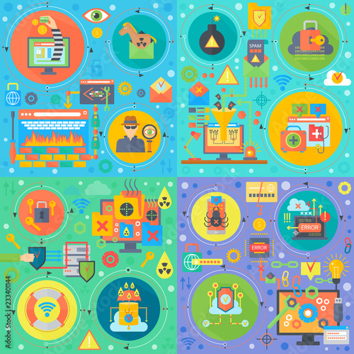 Cyber security square concepts set. Online security, hacker, hacker virus atack, infected files, user digital protection flat vector design vector illustration.