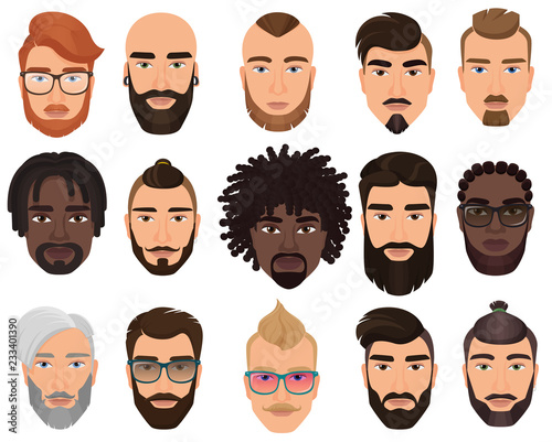 Fototapeta Hipsters stylish bearded men with different color hairstyles, mustaches, beards isolated