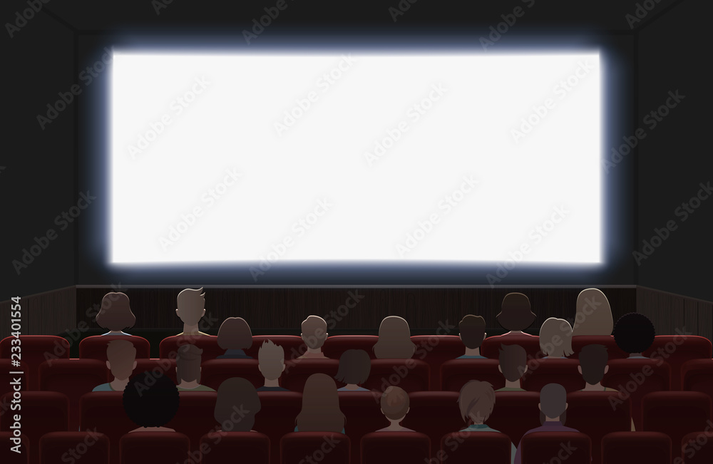 People watching movie at cinema hall interior vector illustration. Back view.