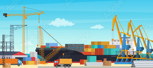 Logistics transportationt container ship with industrial crane import and export in shipping cargo harbor yard. Transportation industry vector illustration.