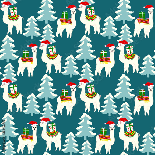 Christmas seamless pattern with cute llamas in hats.