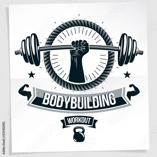 Weightlifting club promotion flyer. Strong muscular arm holds barbell, vector illustration.