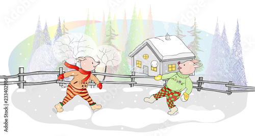 A fun postcard for the New year. Piglets playing snowballs on a winter day in the background of the forest and the village house.