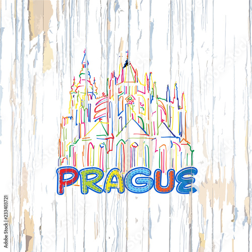 Colorful Prague drawing on wooden background