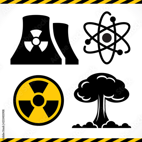 Radioactive, Nuclear power plant, Explosion, Atomic icon set vector