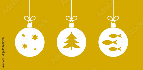 Christmas hanging balls ornaments on golden background
