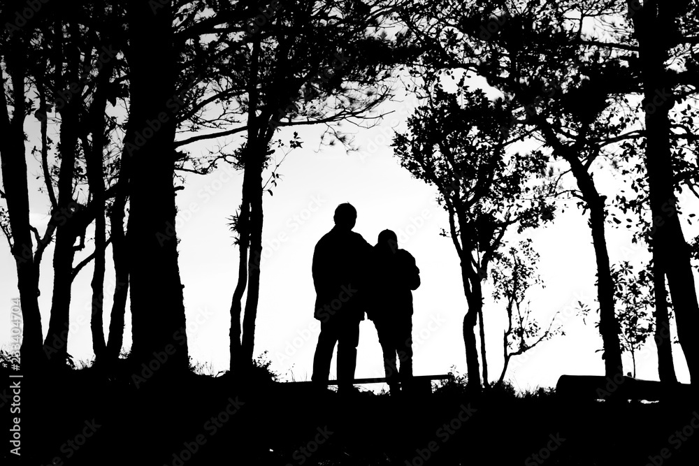 silhouette of love couple in trees border, back and white tone silhouette of love couple in trees border, back and white tone