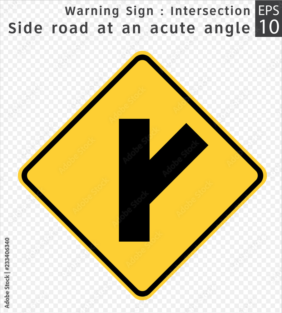 Road Sign. Warning. Intersections - Side road at an acute angle.  Vector Illustration on Transparent Background