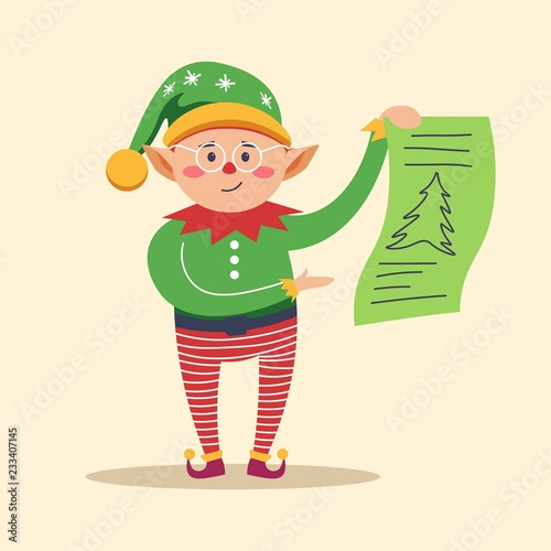 Elf holding piece of paper with pine tree print