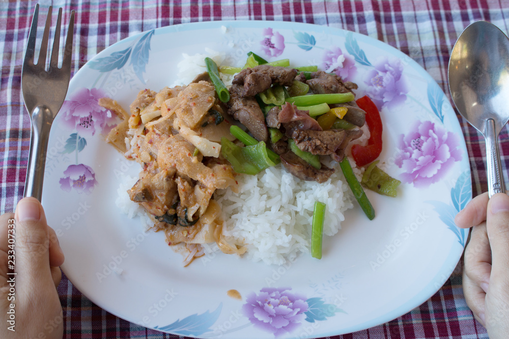 Rice topped with stir-fried pork and curry Rice topped with stir-fried pork and curry