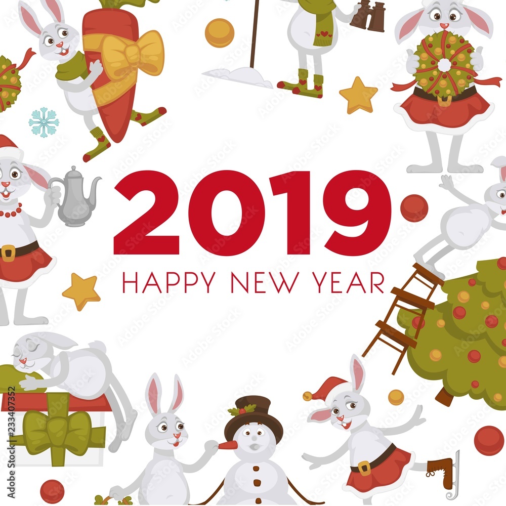 2019 New year celebration, bunny with snowman winter character vector. 2019 New year celebration, bunny with snowman winter character vector.