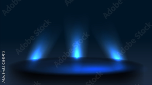 Illuminated pedestal in the dark, the scene with the rays of searchlights