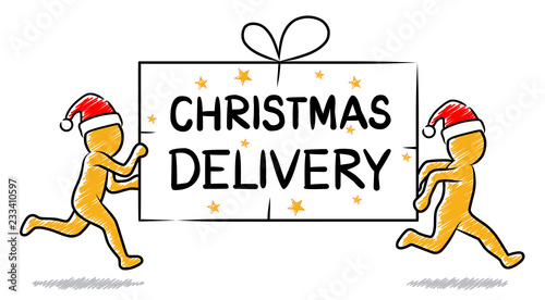 CHRISTMAS DELIVERY: Running figures with red caps deliver gift pack / shaded vector drawing