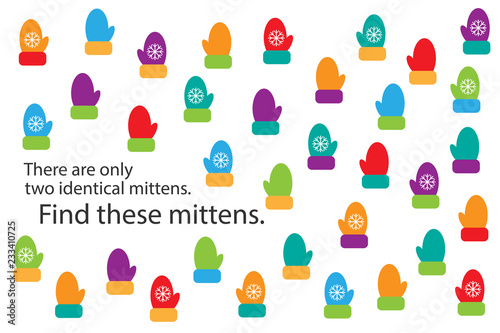 Find two identical mittens, christmas fun education puzzle game for children, preschool worksheet activity for kids, task for the development of logical thinking and mind, vector illustration