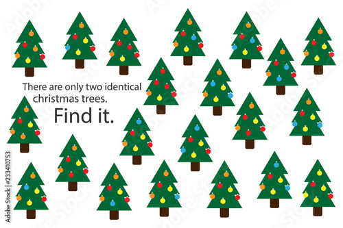 Find two identical christmas trees, xmas fun education puzzle game for children, preschool worksheet activity for kids, task for the development of logical thinking and mind, vector illustration