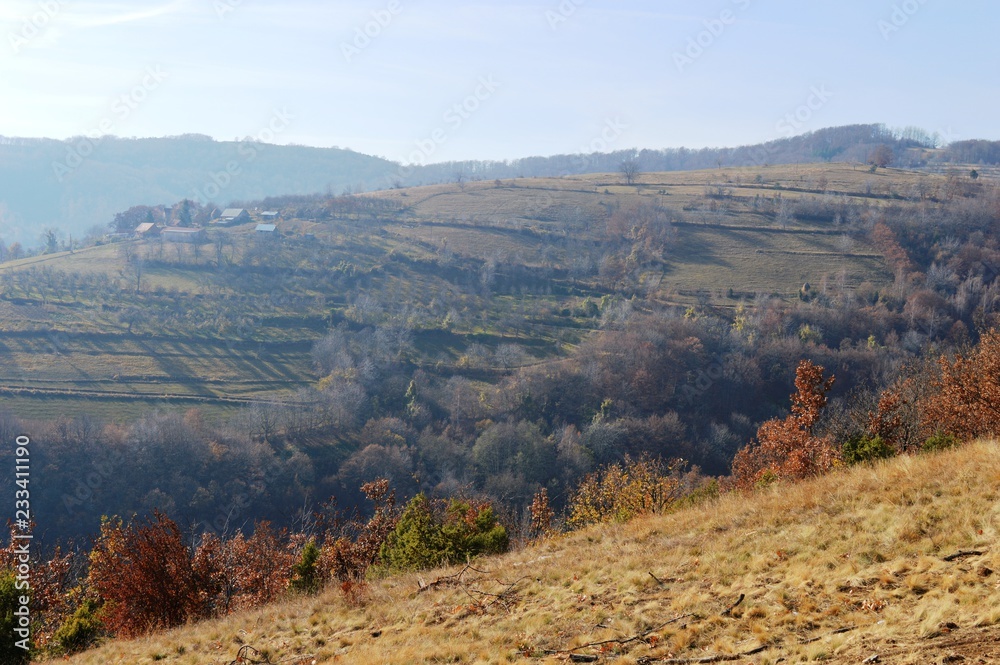 landscape of the hills and mountains in autumn
