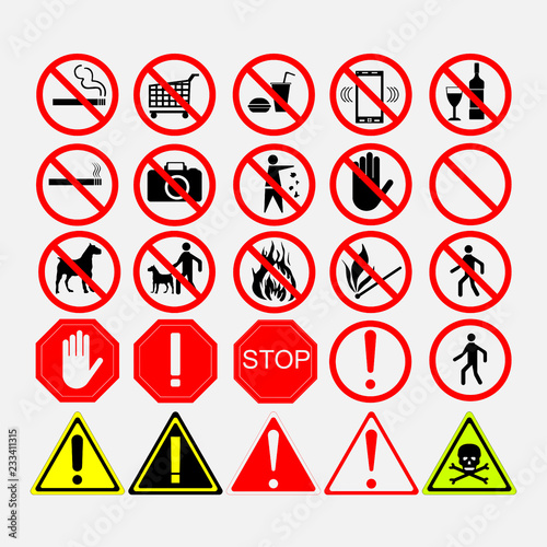 set of road signs, warning signs or prohibiting signs