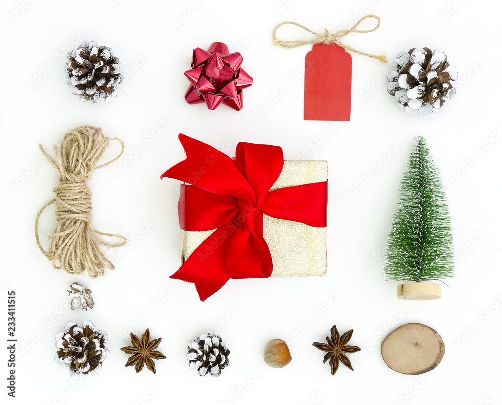 Christmas Xmas New Year greeting card background. Chtistmas tree toys, anise stars, fir cones, rope, gift box. Flat lay, top view of New Year 2019 Christmas Xmas New Year greeting card background. Chtistmas tree toys, anise stars, fir cones, rope, gift box. Flat lay, top view of New Year 2019
