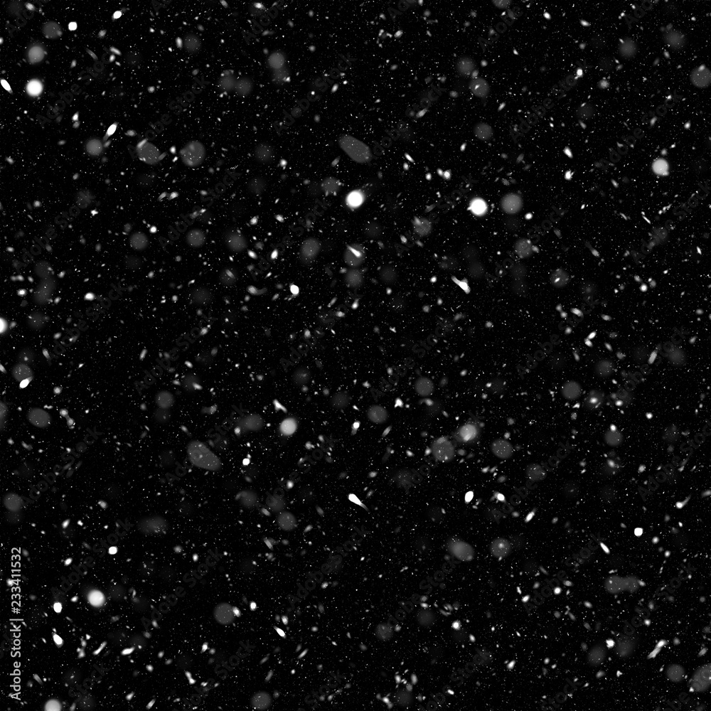 Isolated natural white snow texture effect on black night background. Winter snowflakes.