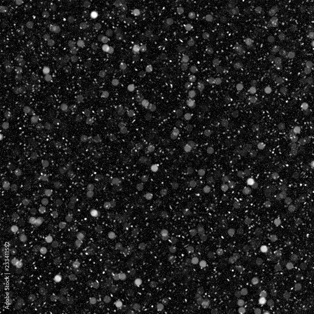 Isolated natural white snow texture effect on black night background. Winter snowflakes.