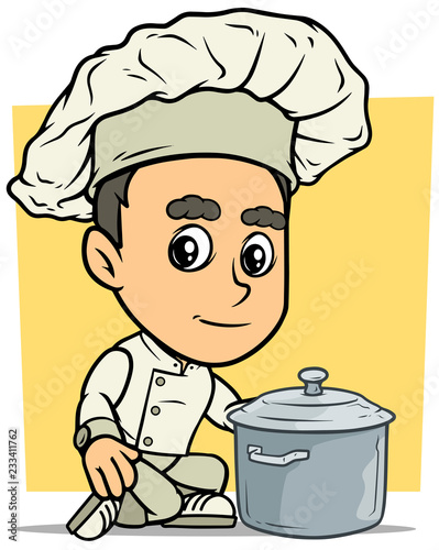Cartoon chef cook boy character with gray pot