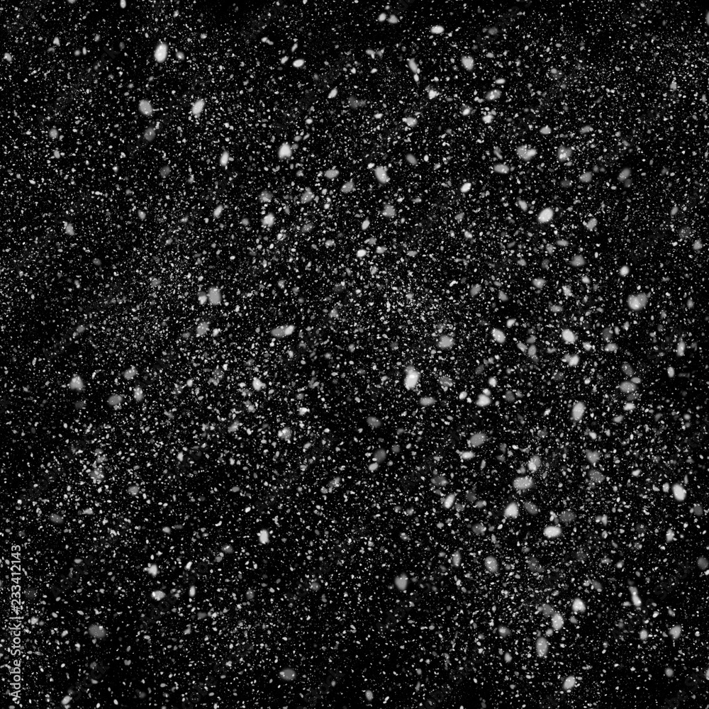 Isolated natural white snow texture effect on black night background. Winter snowflakes.