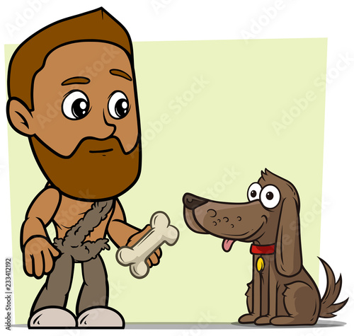 Cartoon prehistoric boy character with dog