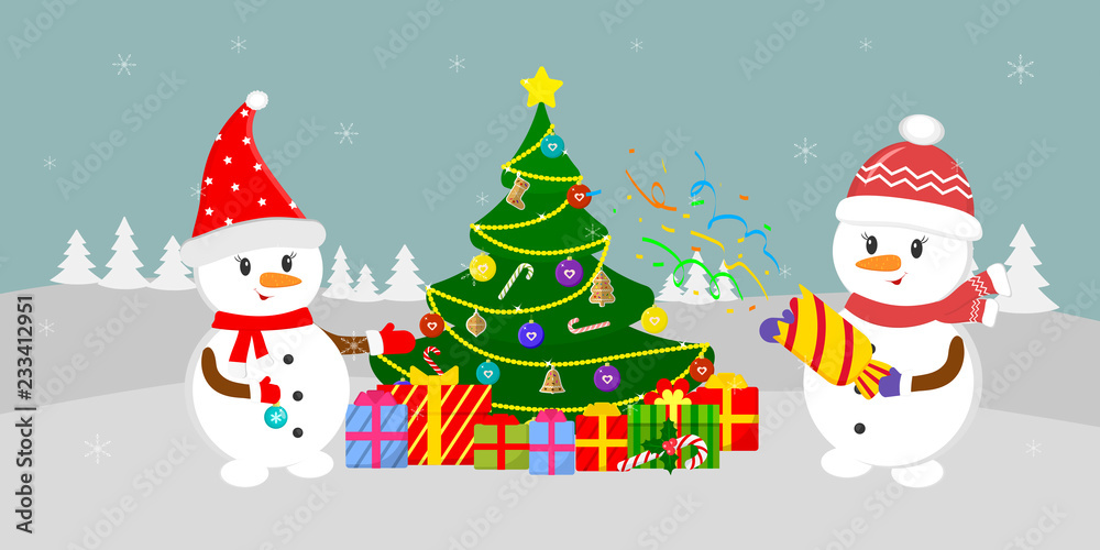New Year and Christmas card. Two cute snowmen near the Christmas tree with gifts, in the winter against the background of snowflakes. Cartoon style, vector