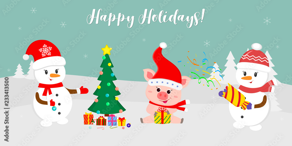 New Year and Christmas card. Two cute snowmen near the Christmas tree with gifts. Piglet in Santa hat with a gift, in winter against the background of snowflakes. Cartoon style, vector