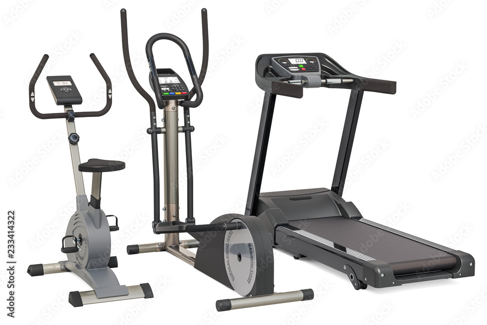 Elliptical trainer, treadmill and exercise bike. 3D rendering