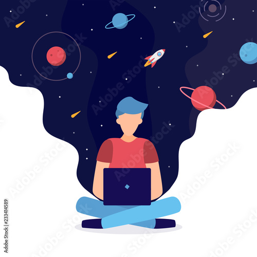 The developer is working on a laptop in the Lotus position. Around him space. Programming, creation of new websites, software or applications. Web development business concept. Flat vector.