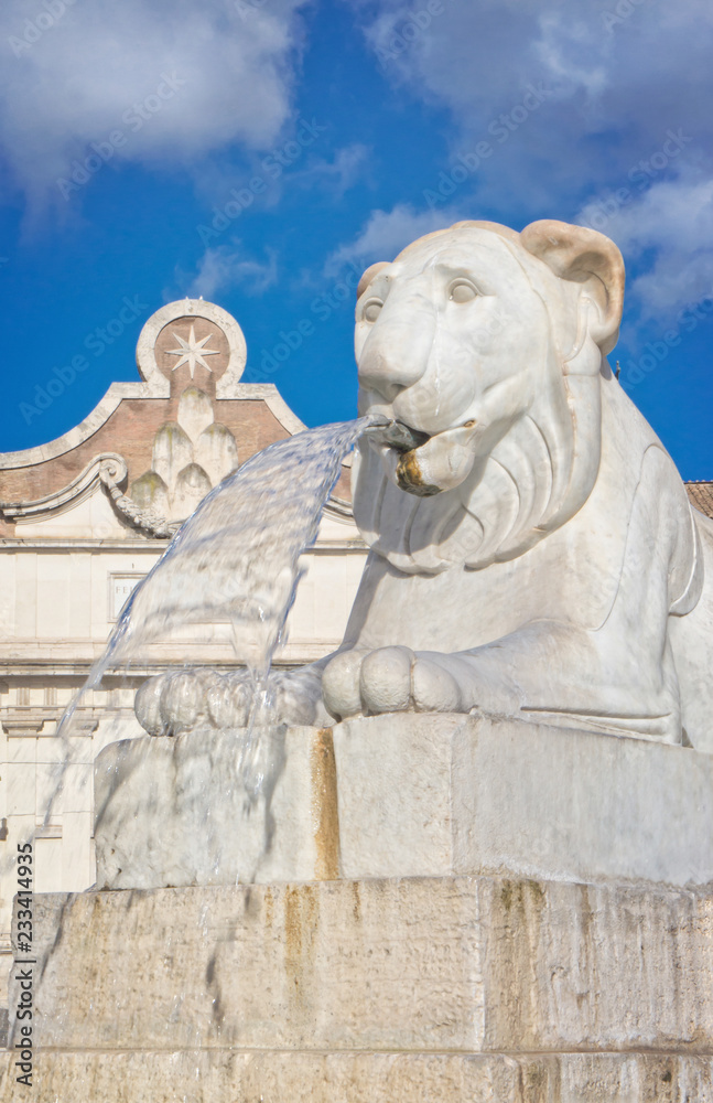 Fountain with Lion sculpture at the Piazza del Popolo - Rome Italy