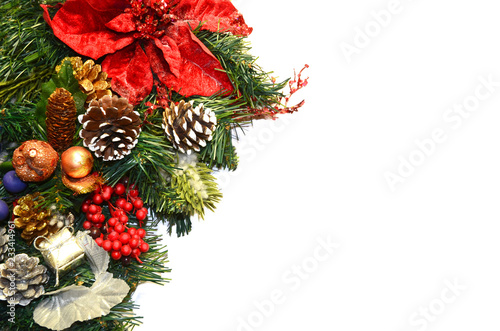 Christmas background with fir tree and various decorations on the white. Xmas background