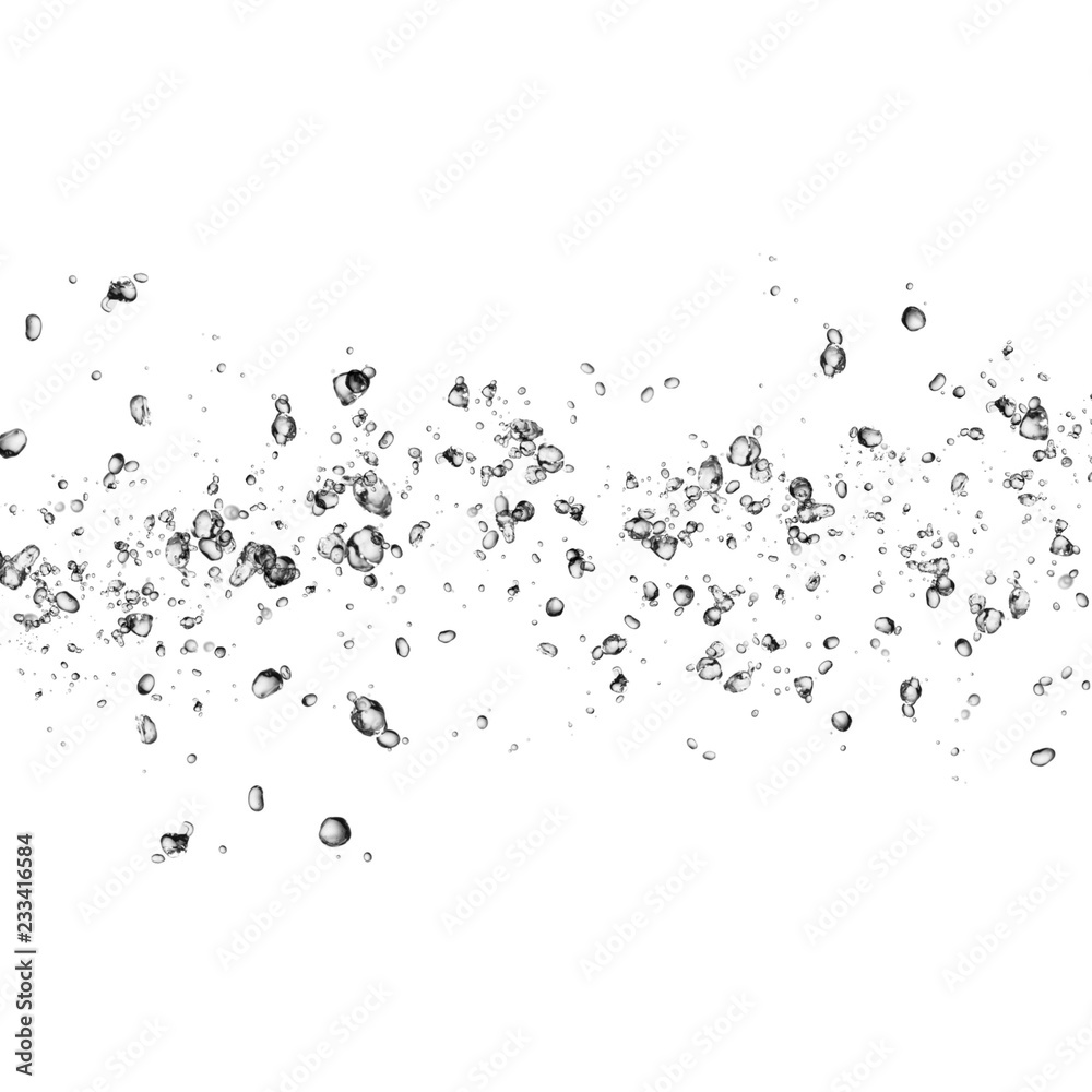 Isolated black water bubbles on white background. Rain water drops. Underwater oxygen. water