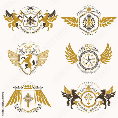 Vintage decorative heraldic vector emblems composed with elements like eagle wings, religious crosses, armory and medieval castles, animals. Collection of classy symbolic illustrations.