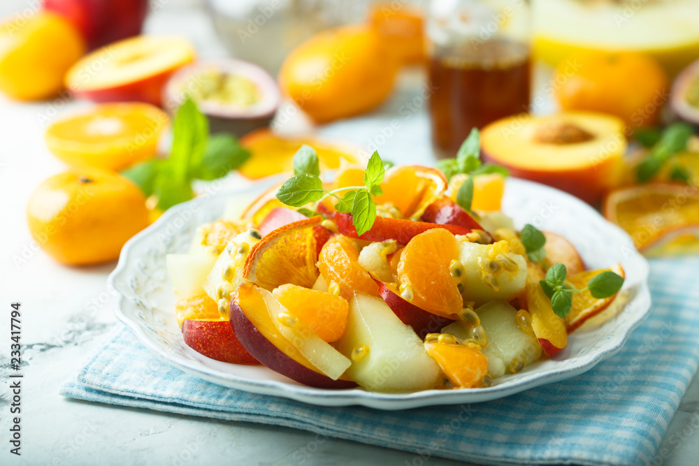 Homemade fruit salad with maple syrup dressing Homemade fruit salad with maple syrup dressing