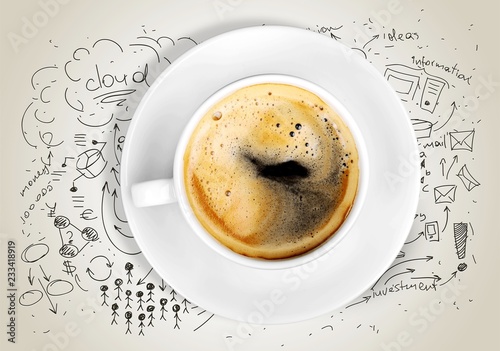 Cup od hot coffe on doodles background