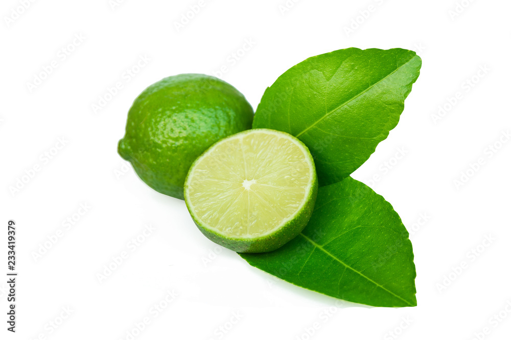 Lime slice and leaf isolated on white background with clipping path