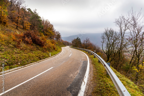 Autumn forest road landscape. Mountain forest road in autumn. © Sergey Fedoskin