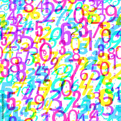 Mathematics background - different numbers math pattern, bright neon 80s style