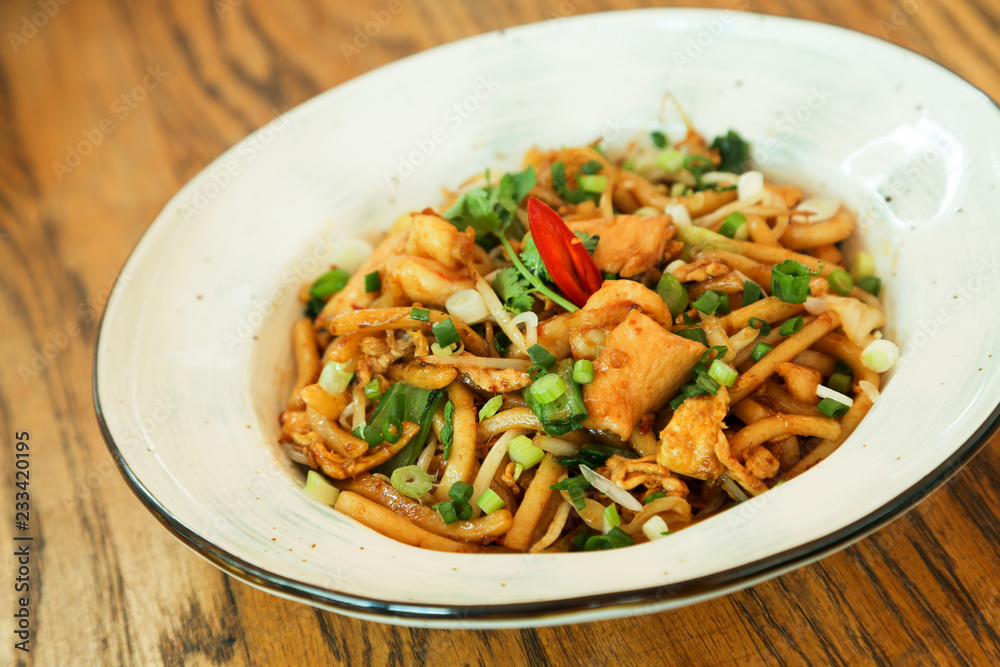 Asian udon noodles with seafood