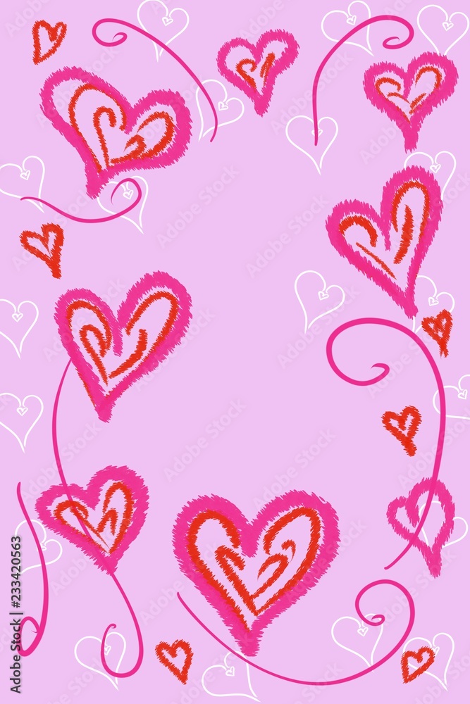 Valentine, Love, Hearts Fun cute look with ribbons  glitter bokeh, hand drawn greeting card and design for poster, invitation ads, with space for text and copy.