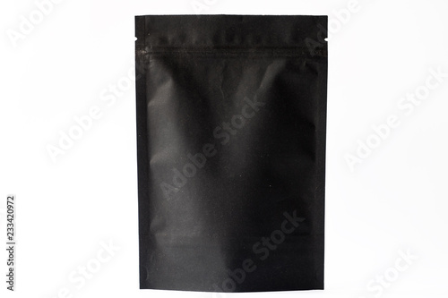 black paper doypack stand up pouch with zipper on white background