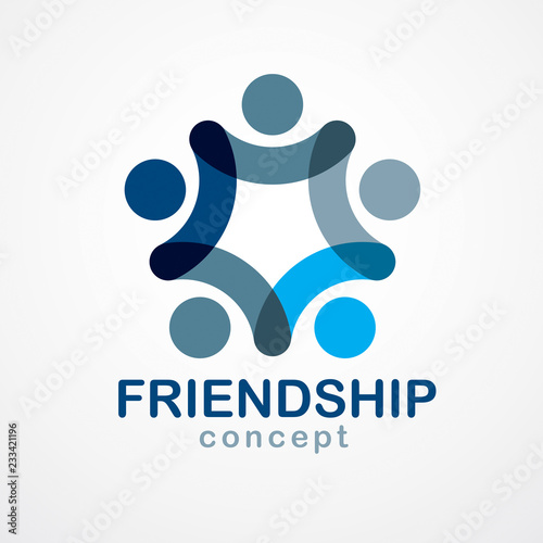 Teamwork businessman unity and cooperation concept created with simple geometric elements as a people crew. Vector icon or logo. Friendship dream team, united crew blue design.