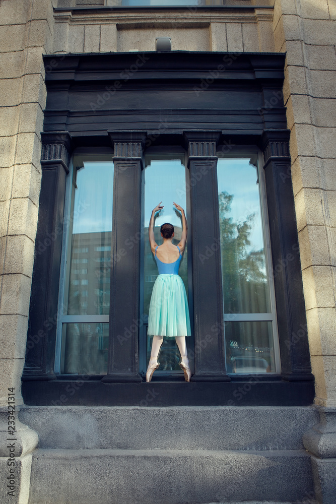 Ballet dancer dancing on street. Young ballerina in blue tutu. Ballet feet on the point. Pretty ballerina near the theater doing exercise. Ballet dancer dancing on street. Young ballerina in blue tutu. Ballet feet on the point. Pretty ballerina near the theater doing exercise.