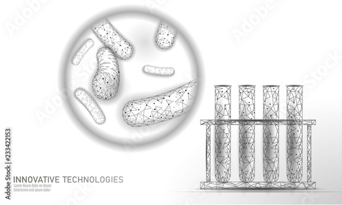 Test tube bacteria 3D low poly render probiotics. Laboratory analysis microorganism. Healthy flora of human body. Modern science technology medicine allergy immunity thearment vector illustration