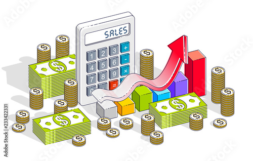 Business success and sales growth concept, calculator, chart with arrow and cash money dollar stack and coins isolated on white background. Isometric 3d vector business and finance illustration.