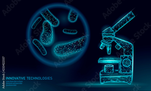 Bacteria 3D low poly render probiotics. Healthy normal digestion flora of human intestine yoghurt production. Modern science technology medicine allergy immunity thearment vector illustration