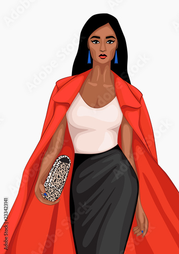 Fashion illustration. Woman wearing scarlet (fiesta) trench, nude pink top, black skirt with clutch with leopard print in her hand. Vector image.