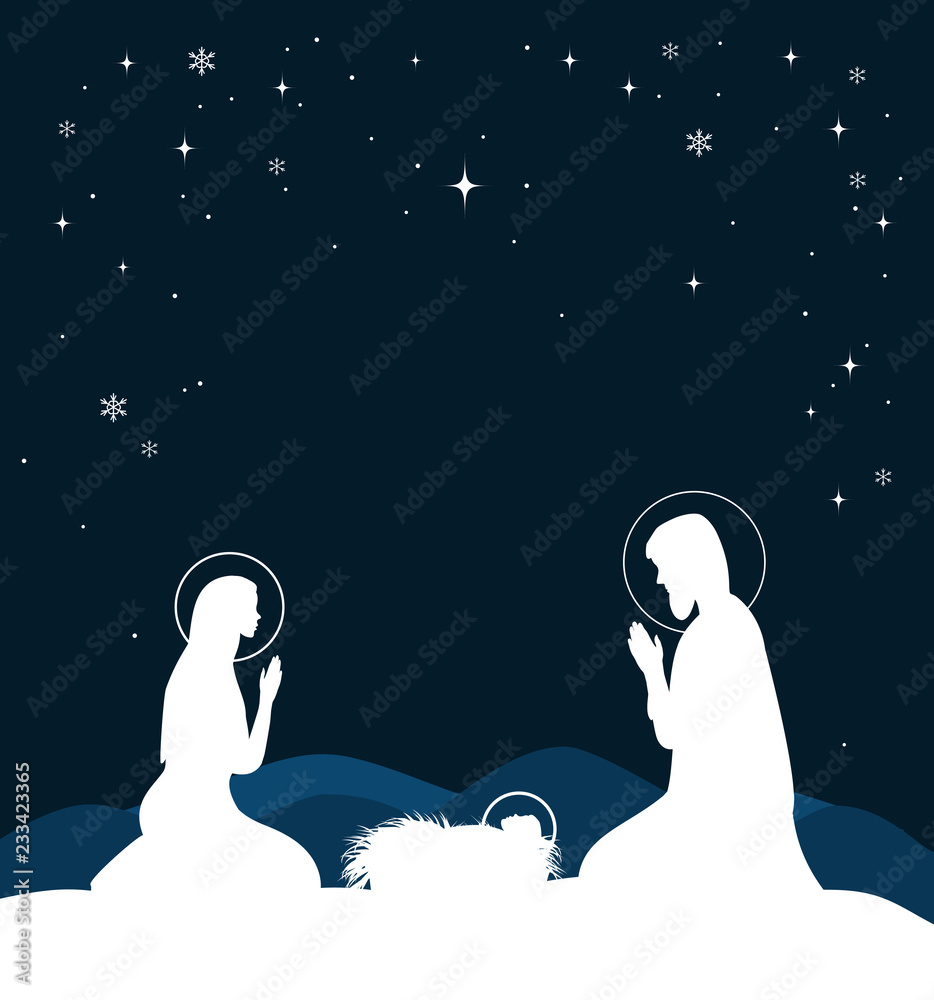 Φωτογραφία Christian Christmas scene with birth of Jesus and shining star on blue sky, illustration